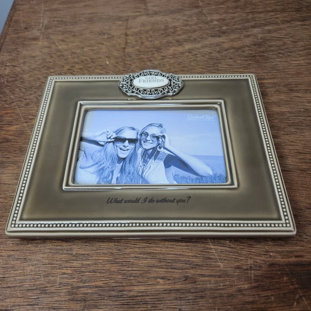 Grasslands Road Girl Friends Ceramic Picture Frame 4x6 Taupe Silver Beads 446623